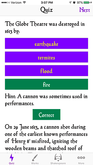 Top part of ShakesQuiz question, hint and answer about the destruction of the Globe Theatre in 1613.